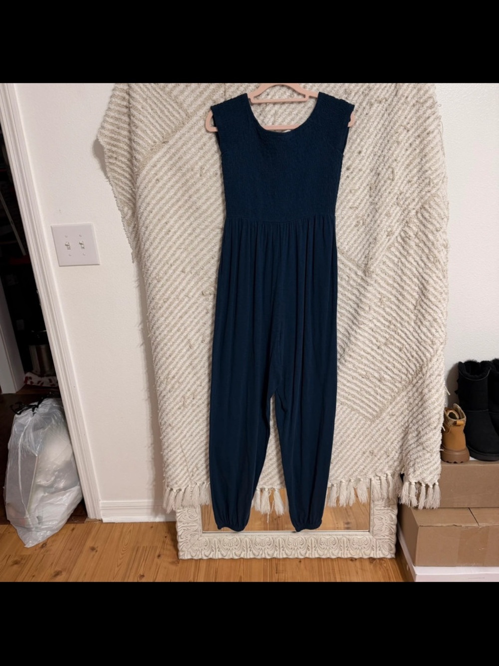 American Eagle Outfitters Navy Blue Sleeveless Smocked Jumpsuit